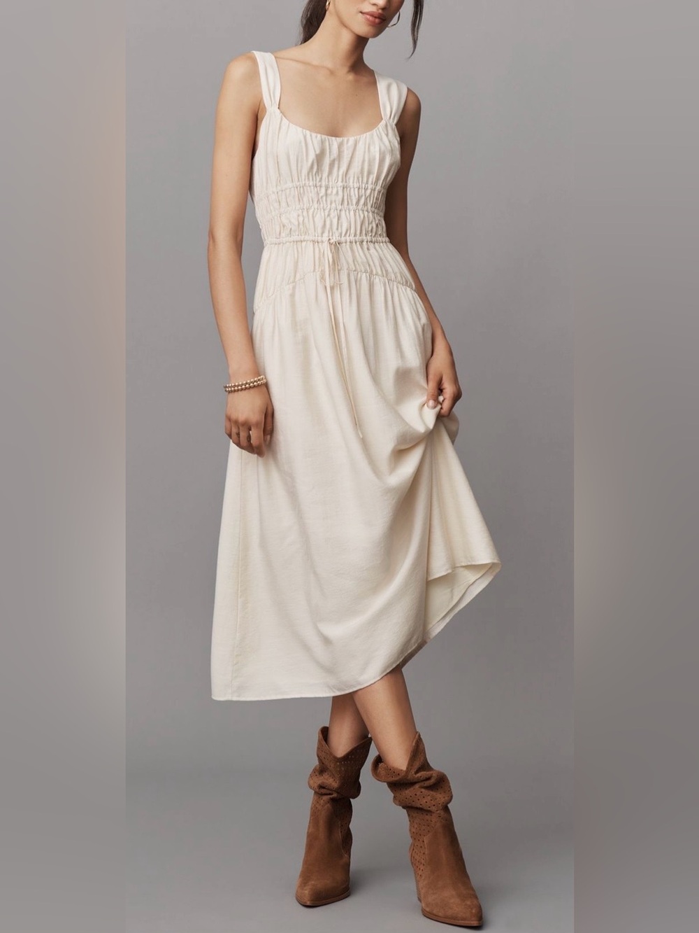 PAIGE Arpeggio Smocked Linen Blend Midi Dress Oyster White NWT Size 10